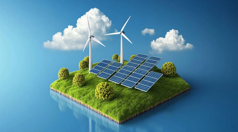 Different renewable energy methods like solar panels and wind turbines gathered together to support grid instability article