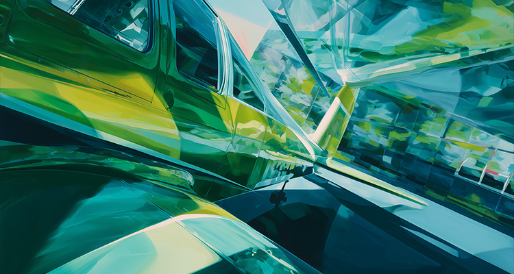 abstract painting or digital artwork depicting a distorted view of an airplane