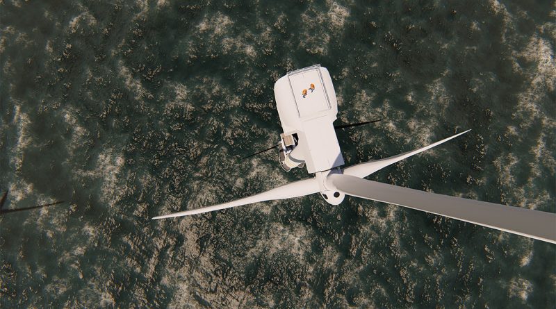 offshore wind turbine in middle of sea with two works on top