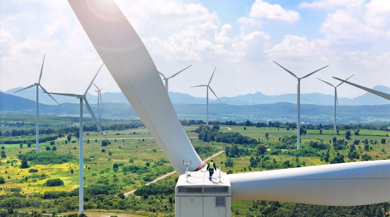 Wind turbines with a digital chart showing power curve and pitch angle optimization for improved energy output.