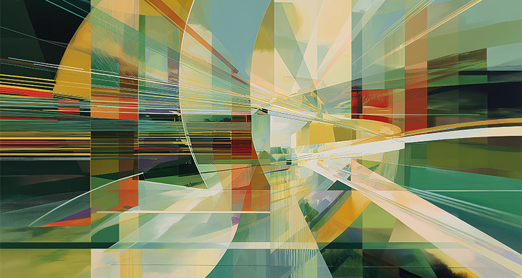 a dynamic composition of geometric shapes, fragmented planes, and intersecting lines