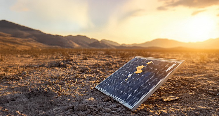 Broken solar panel in an arid desert landscape, with cracks and dust indicating failure of renewable energy systems, representing the environmental challenge and sustainability issues