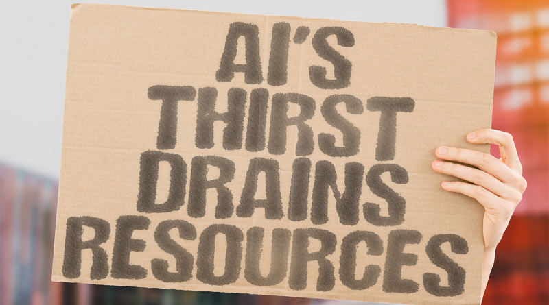 Cardboard protest sign reading "AI's Thirst Drains Resources" held up by a hand, symbolizing concerns over artificial intelligence's water consumption impact.